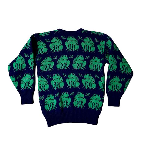 Knit Pics 100% Wool Frog Sweater Pullover Size S Blue Green Long Sleeve Animal - Picture 3 of 7
